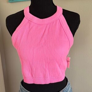 aerie Ribbed Halter Crop Tank Top - Bright Pink